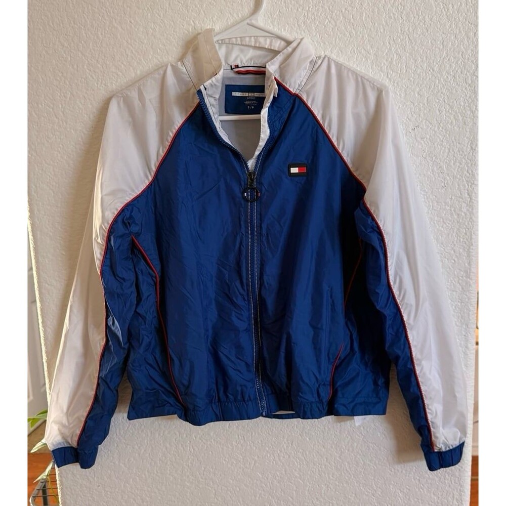 Tommy Hilfiger Sport Windbreaker Jacket Blue White Flag Logo Size S Unisex